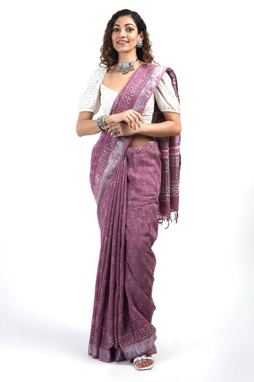 AYSR Boutique Tint of Tulip Block Print Linen Cotton Saree With Blouse Piece