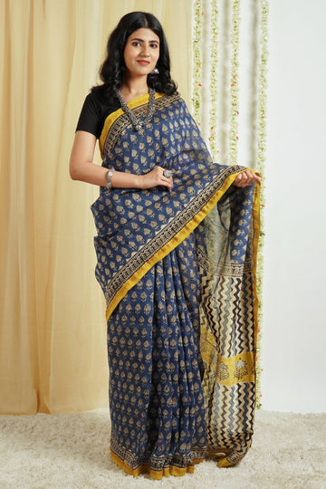 AYSR Boutique Jheel Blue Block Print Chanderi Cotton Saree With Blouse Piece