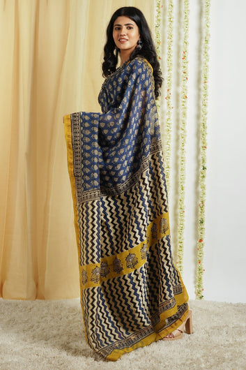 AYSR Boutique Jheel Blue Block Print Chanderi Cotton Saree With Blouse Piece