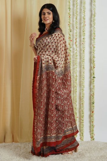 AYSR Boutique Vaidehi Beige Block Print Chanderi Cotton Saree With Blouse Piece