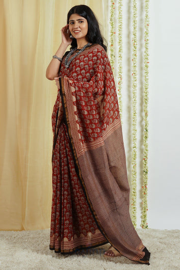 AYSR Boutique Rustic Maroon Block Print Chanderi Cotton Saree With Blouse Piece
