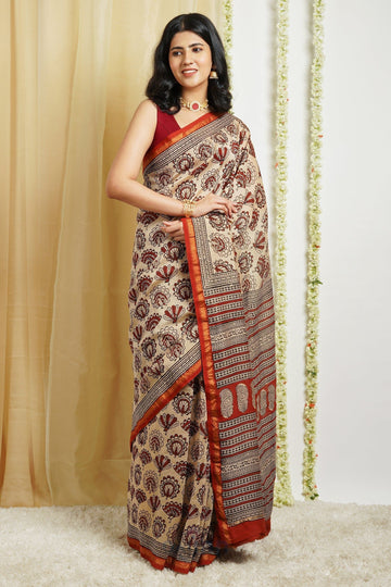 AYSR Boutique Spiced Beige Block Print Chanderi Cotton Saree With Blouse Piece