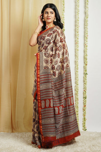 AYSR Boutique Spiced Beige Block Print Chanderi Cotton Saree With Blouse Piece