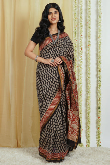 AYSR Boutique Nitya Black Block Print Chanderi Cotton Saree With Blouse Piece
