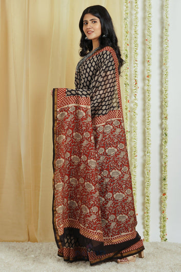 AYSR Boutique Nitya Black Block Print Chanderi Cotton Saree With Blouse Piece
