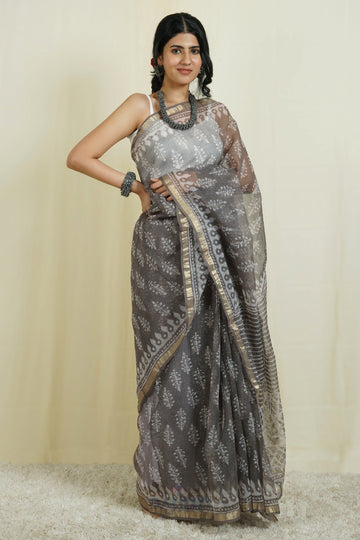 AYSR Boutique Sletee Grey Block Print Kota Saree with Blouse Piece