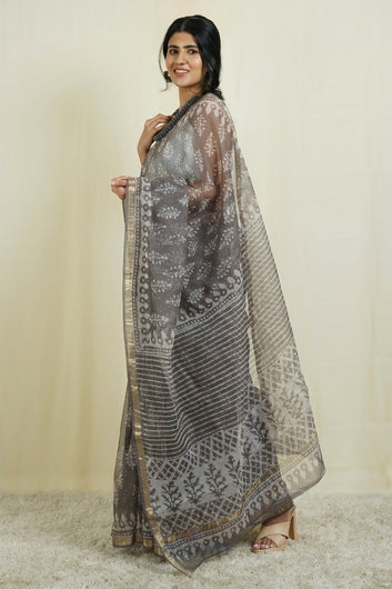 AYSR Boutique Sletee Grey Block Print Kota Saree with Blouse Piece