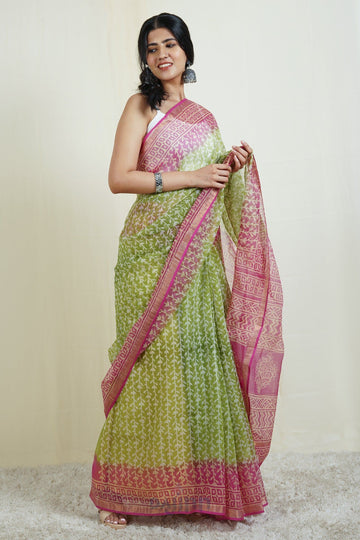 AYSR Boutique Khilti Kali Green and Pink Block Print Kota Saree with Blouse Piece