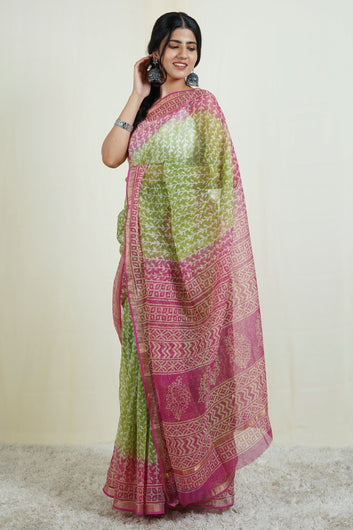 AYSR Boutique Khilti Kali Green and Pink Block Print Kota Saree with Blouse Piece