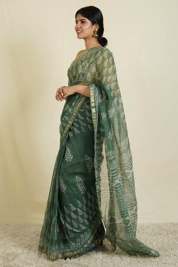 AYSR Boutique Green Haze Block Print Dark Green Kota Saree with Blouse Piece