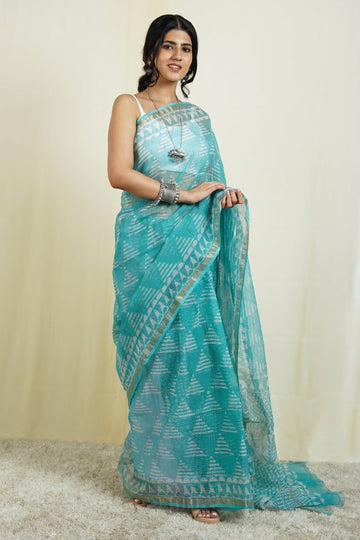 AYSR Boutique Misty Blue Block Print Kota Saree with Blouse Piece