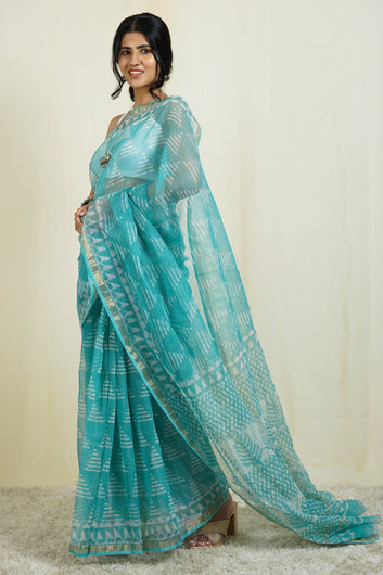 AYSR Boutique Misty Blue Block Print Kota Saree with Blouse Piece
