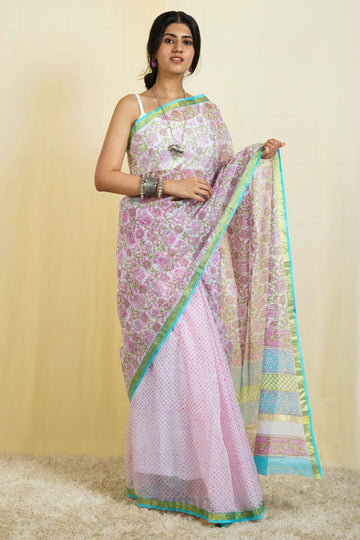 AYSR Boutique Udipti Pink Block Print Kota Saree With Blouse Piece