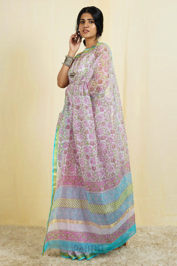 AYSR Boutique Udipti Pink Block Print Kota Saree With Blouse Piece
