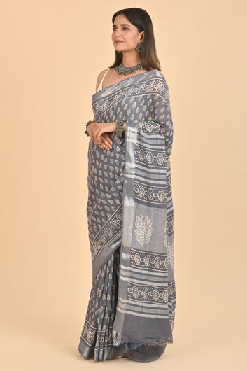 AYSR Boutique Kaynat Grey Linen Saree with Blouse Piece