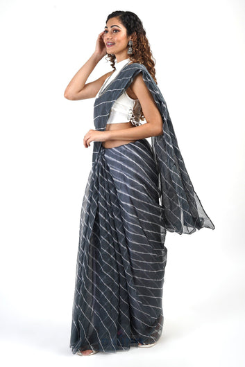 AYSR Boutique Aadisha Grey Kota Leheriya Saree with Blouse Piece