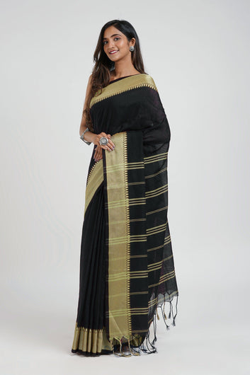 AYSR Boutique Midnight Muse Black Mulmul cotton weaving Saree with Blouse Piece
