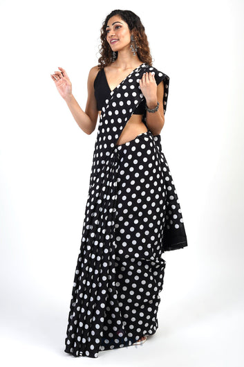 AYSR Boutique Aarika Black and White Cotton Saree With Blouse Piece