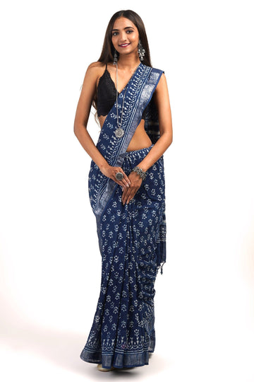 AYSR Boutique Shaniya Indigo Linen Saree with Blouse Piece.