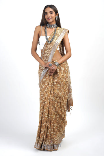 AYSR Boutique Prisha Mustard Linen Saree with Blouse Piece.