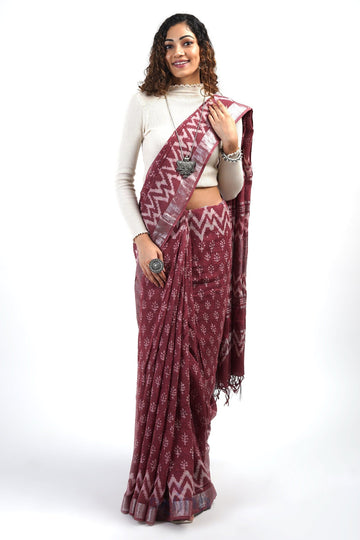AYSR Boutique Nirvi Maroon Linen Saree With Blouse Piece.