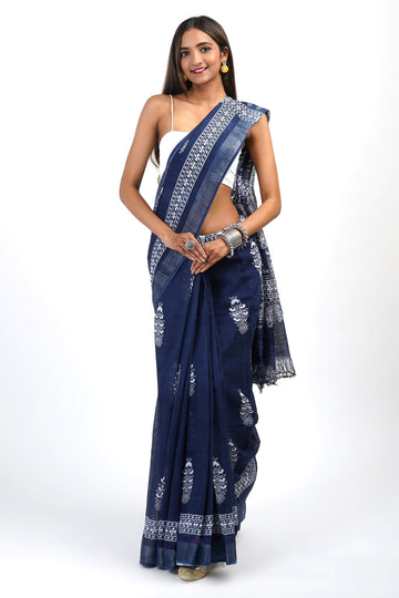 AYSR Boutique Imara Dark Blue Block Print Linen Saree With Blouse Piece