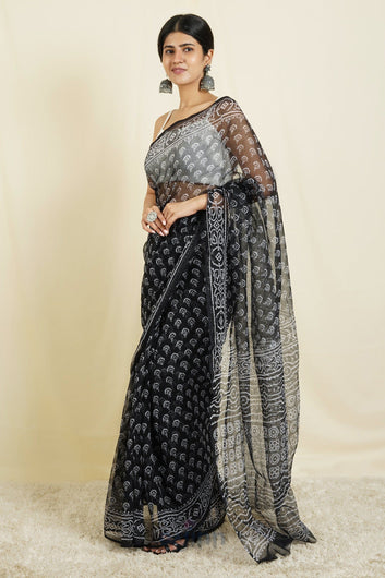AYSR Boutique Aesha Black and White Block Print Kota Saree With Blouse Piece