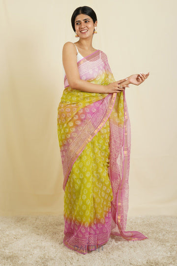 AYSR Boutique Aashika Pink and Lime Yellow Block Print Kota Saree With Blouse Piece