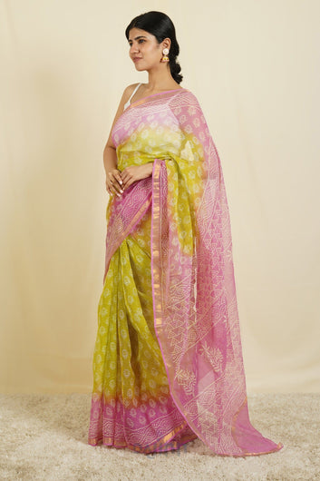 AYSR Boutique Aashika Pink and Lime Yellow Block Print Kota Saree With Blouse Piece