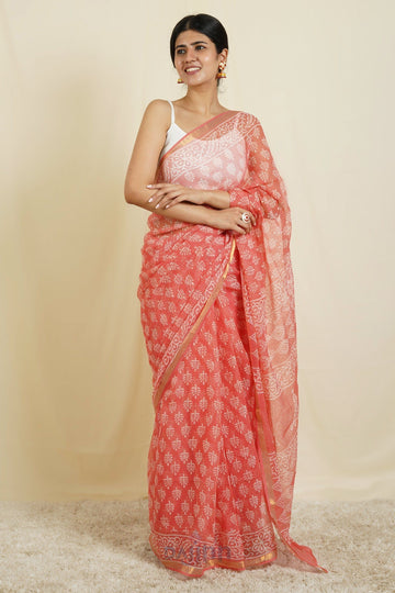 AYSR Boutique Warda Peach and White Block Print Kota Saree With Blouse Piece