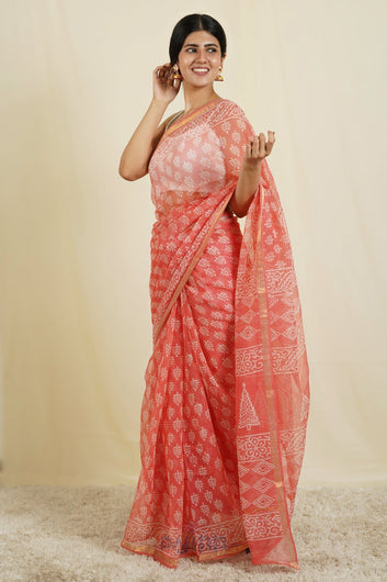 AYSR Boutique Warda Peach and White Block Print Kota Saree With Blouse Piece