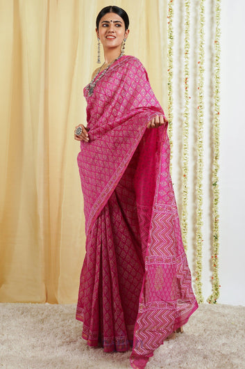 AYSR Boutique Tavisa Block Print Chanderi Silk Saree with Blouse Piece