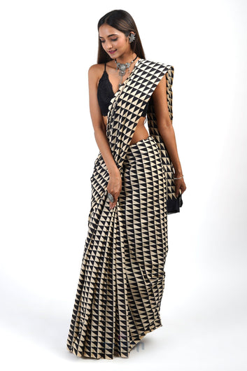 AYSR Boutique Ruhani Black and Beige Cotton Saree With Blouse Piece