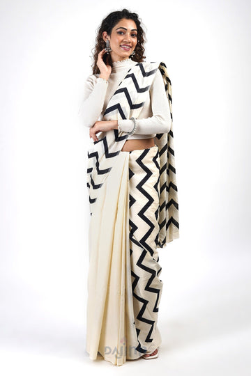 AYSR Boutique Aabha Black and Cream Cotton Saree With Blouse Piece