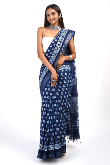 AYSR Boutique Bahaar Dark Blue Block Print Linen Saree With Blouse Piece