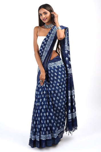 AYSR Boutique Bahaar Dark Blue Block Print Linen Saree With Blouse Piece