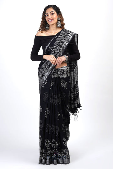 AYSR Boutique Chandani Black Block Print Linen Saree With Blouse Piece