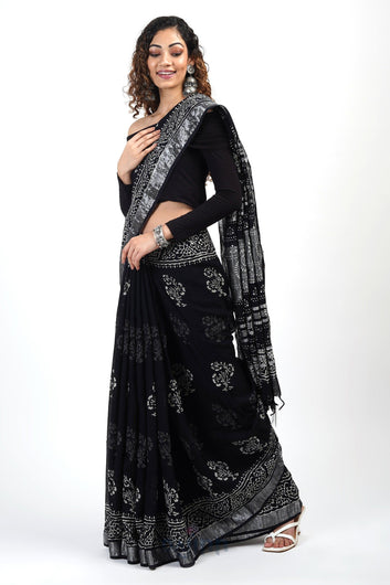 AYSR Boutique Chandani Black Block Print Linen Saree With Blouse Piece