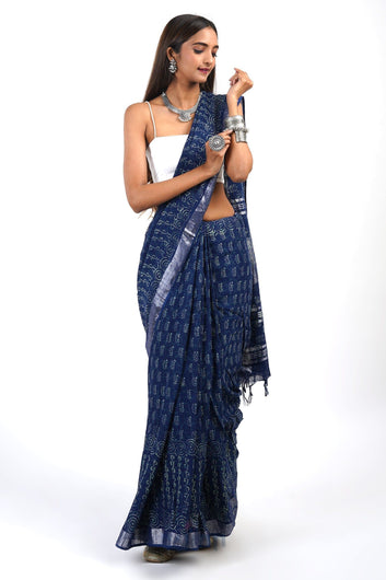 AYSR Boutique Gaurangi Indigo Print Linen Saree With Blouse Piece
