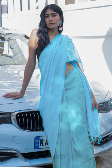 AYSR Boutique Iqra Light Blue & Green Mulmul Saree