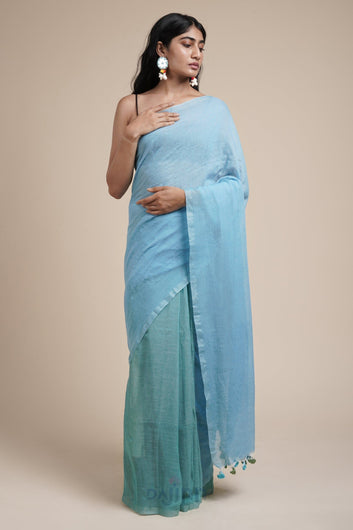AYSR Boutique Iqra Light Blue & Green Mulmul Saree