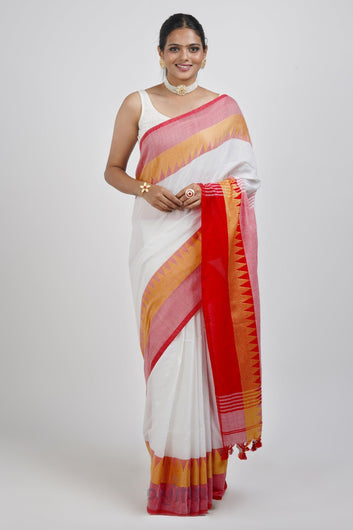 AYSR Boutique Aachal White & Red Soft Cotton saree