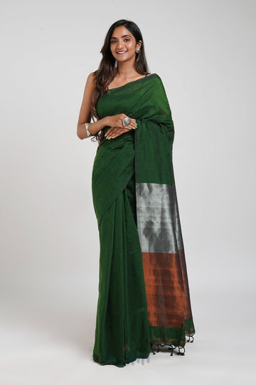 AYSR Boutique Ovyaa Dark Green Hand Woven Tissue Weaving Saree with Blouse Piece