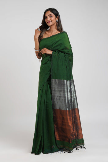 AYSR Boutique Ovyaa Dark Green Hand Woven Tissue Weaving Saree with Blouse Piece