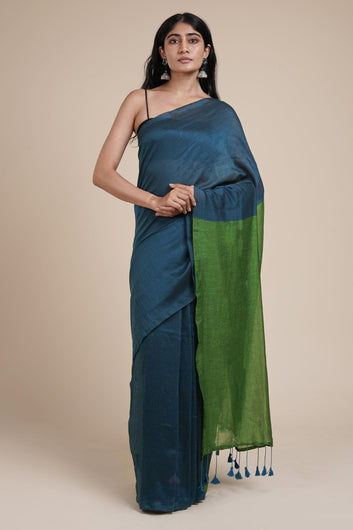 AYSR Boutique Varuni Deep Blue & Green Mulmul Saree