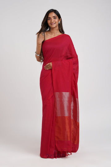 AYSR Boutique Pink Punch Hand-Woven Cotton Tissue Saree with Blouse Piece