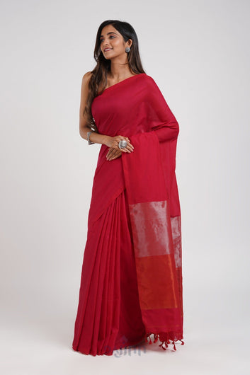 AYSR Boutique Pink Punch Hand-Woven Cotton Tissue Saree with Blouse Piece