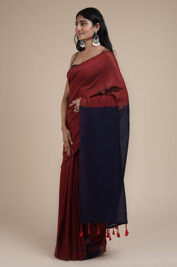 AYSR Boutique Varuni Maroon & Navy Blue Mulmul Saree