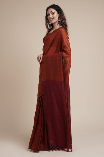 AYSR Boutique Varuni Rust Orange & Maroon Mulmul Saree