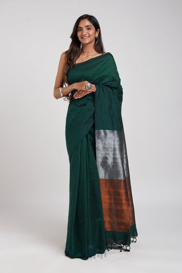 AYSR Boutique Mystical Green Hand Woven Cotton Tissue Saree with Blouse Piece